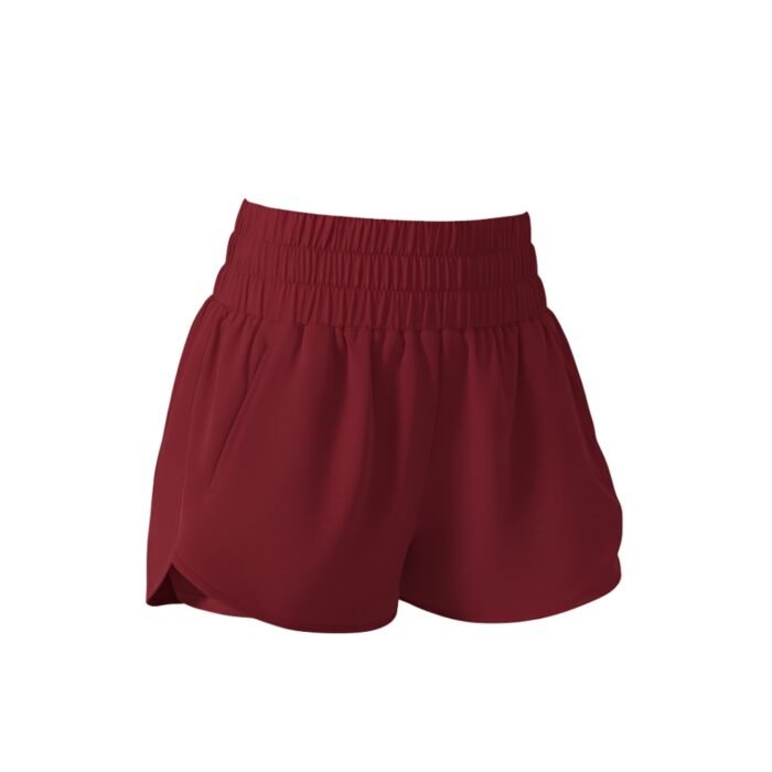 Women’s deep red athletic shorts with layered ruffle style and elastic waistband.