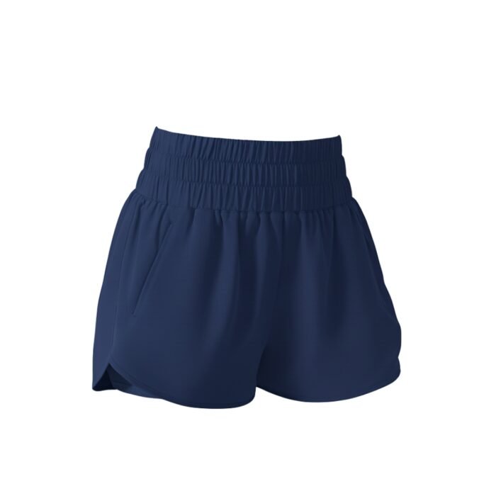 Women’s navy blue athletic shorts with layered tiered ruffle style and elastic waistband.