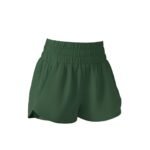 Women’s green athletic shorts with elastic waistband and layered tiered ruffle design.