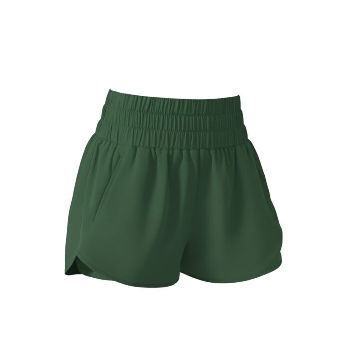 Women’s green athletic shorts with elastic waistband and layered tiered ruffle design.