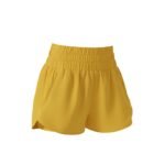 Women’s yellow athletic shorts with elastic waistband and tiered ruffle design.