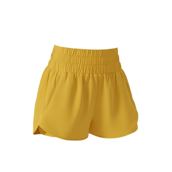 Women’s yellow athletic shorts with elastic waistband and tiered ruffle design.
