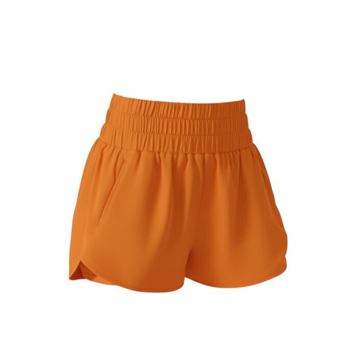 Women’s orange athletic shorts with elastic waistband and tiered ruffle design.