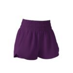 Purple tiered athletic shorts with an elastic waistband and flowy layered design.