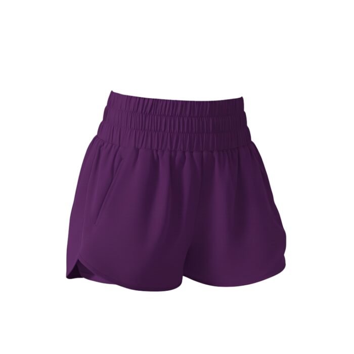 Purple tiered athletic shorts with an elastic waistband and flowy layered design.