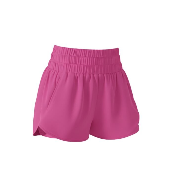 Pink tiered athletic shorts with an elastic waistband and flowy ruffled front.