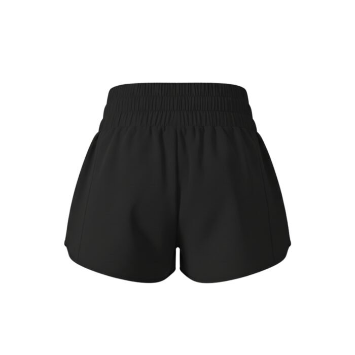 Black women’s athletic shorts with an elastic waistband, shown from the front.