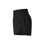 Black women’s athletic shorts with elastic waistband, shown from the front