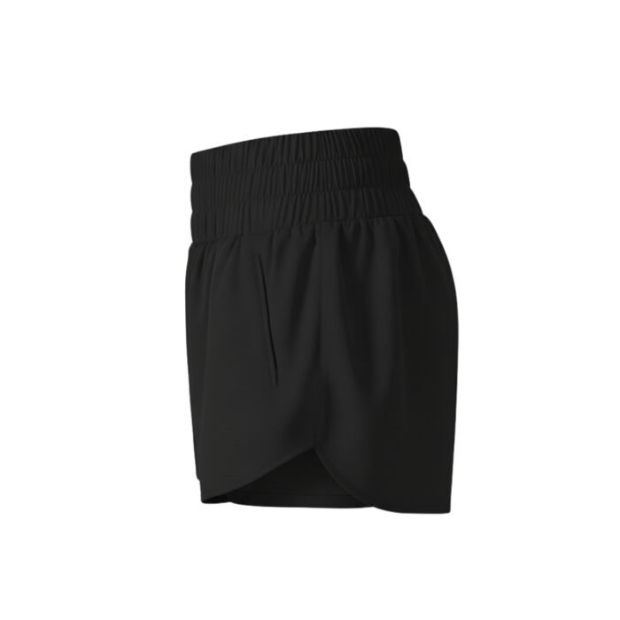 Black women’s athletic shorts with elastic waistband, shown from the front