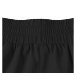 Close-up of black women’s performance athletic shorts with elastic waist and relaxed fit.