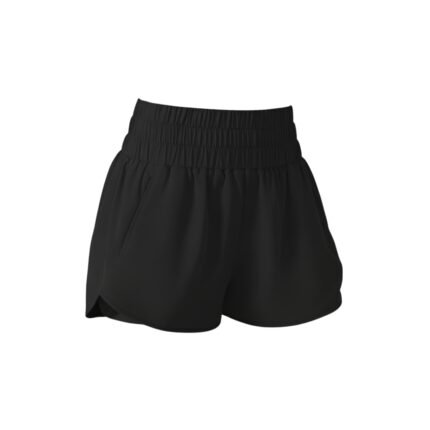 Black athletic shorts with an elastic waistband and layered tiered design.