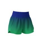Green women’s athletic shorts with an elastic waistband and layered tier design.