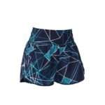 Women’s athletic shorts in black with a blue geometric pattern and elastic waistband.
