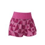 Women’s pink athletic shorts with geometric pattern print and elastic waistband.