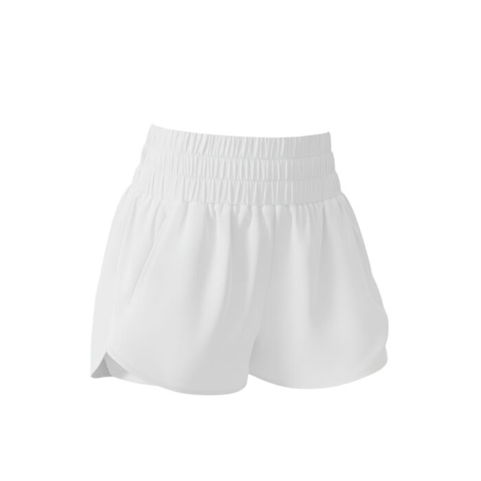 Women’s white athletic shorts with layered ruffle look and elastic waistband.