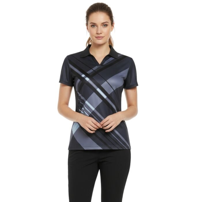 A person wearing a black short-sleeve polo shirt with gray and black intersecting geometric stripe patterns, paired with black pants.