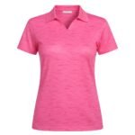 A pink short-sleeve polo shirt with a collar, V-neck design, and subtle textured pattern.