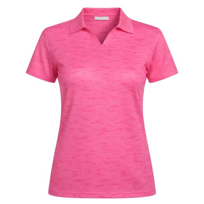 A pink short-sleeve polo shirt with a collar, V-neck design, and subtle textured pattern.