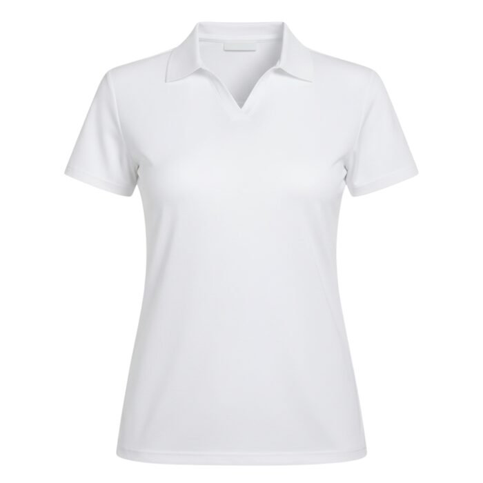 A white short-sleeve polo shirt with a collar and V-neck design