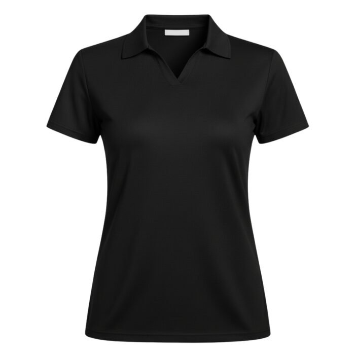 A black short-sleeve polo shirt with a collar and V-neck design