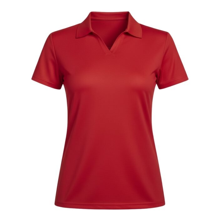 A red short-sleeve polo shirt with a collar and V-neck design.