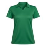 A green short-sleeve polo shirt with a collar and V-neck design.