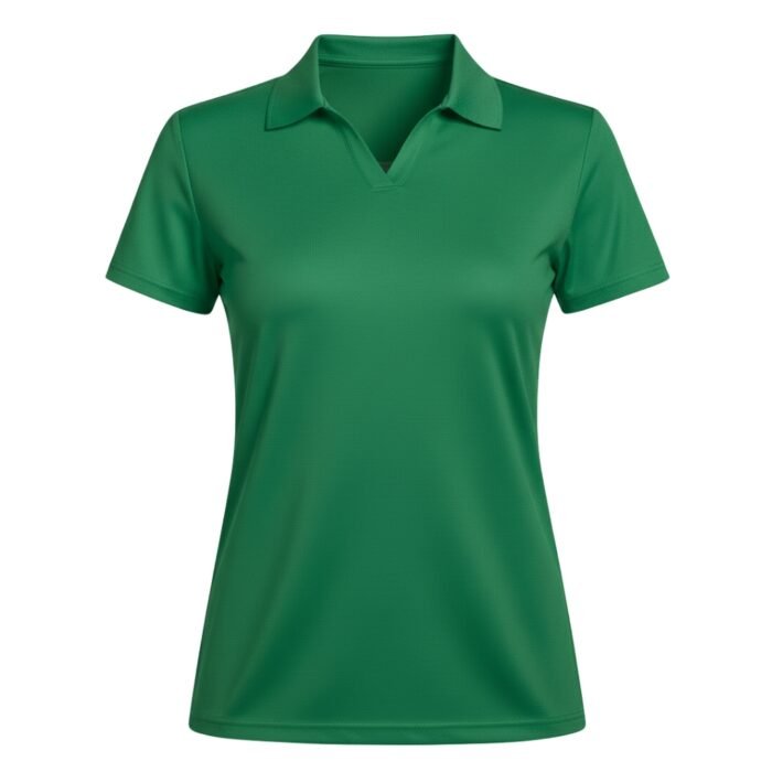 A green short-sleeve polo shirt with a collar and V-neck design.