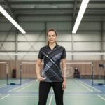 A person standing on an indoor badminton court, holding a badminton racket in hand. The individual is wearing a black and gray sports shirt with a sleek design, paired with black pants. Badminton nets and court markings are visible in the background.