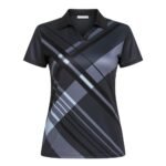 Front view of a black short-sleeve polo shirt featuring bold gray and black geometric stripe patterns.