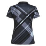 Back view of a short-sleeved black polo shirt featuring gray and black intersecting stripe patterns.