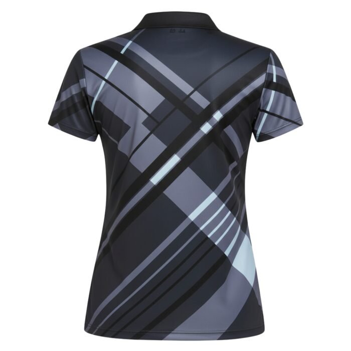 Back view of a short-sleeved black polo shirt featuring gray and black intersecting stripe patterns.