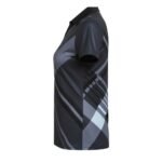 Side view of a short-sleeved black polo shirt with gray geometric stripe patterns, showing the fit and design.