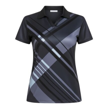Front view of a black short-sleeve polo shirt featuring bold gray and black geometric stripe patterns.