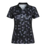 A black short-sleeve polo shirt with a collar, V-neck design, and a hexagonal pattern in shades of gray and black.