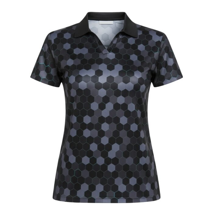 A black short-sleeve polo shirt with a collar, V-neck design, and a hexagonal pattern in shades of gray and black.