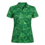 A green short-sleeve polo shirt with a collar, V-neck design, and a bold geometric grid pattern.