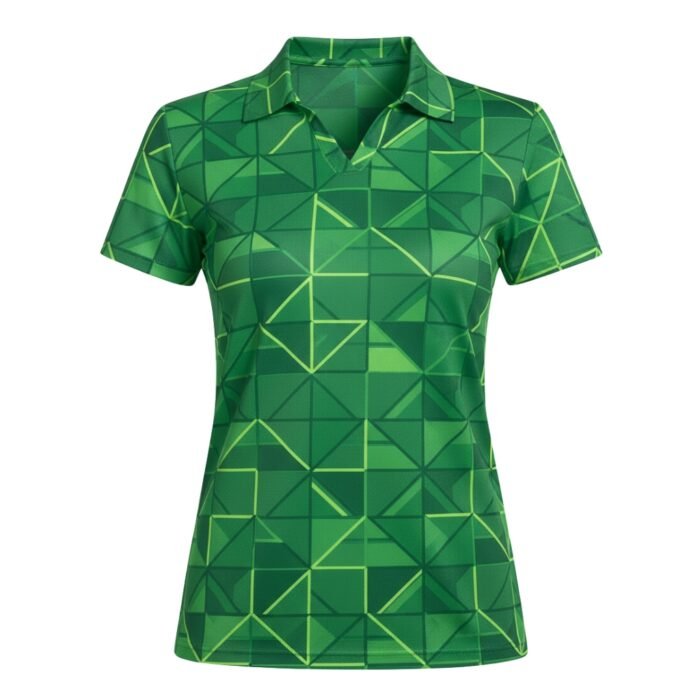 A green short-sleeve polo shirt with a collar, V-neck design, and a bold geometric grid pattern.