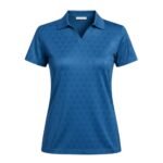 A blue short-sleeve polo shirt with a collar, V-neck design, and subtle triangular pattern.