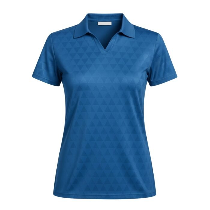 A blue short-sleeve polo shirt with a collar, V-neck design, and subtle triangular pattern.