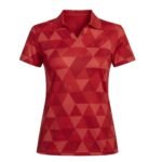 A red short-sleeve polo shirt with a collar, V-neck design, and geometric triangle pattern.