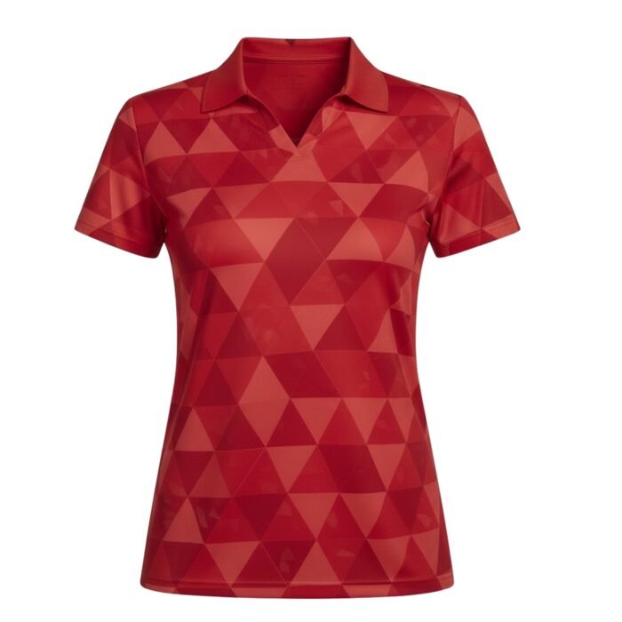 A red short-sleeve polo shirt with a collar, V-neck design, and geometric triangle pattern.