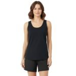 Black scoop-neck tank top with a racerback-style cut and smooth, draped fabric