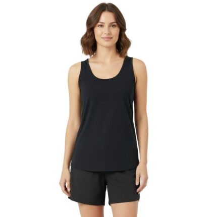 Black scoop-neck tank top with a racerback-style cut and smooth, draped fabric