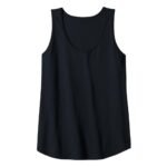 Black scoop-neck tank top with a racerback-style cut and smooth, draped fabric.
