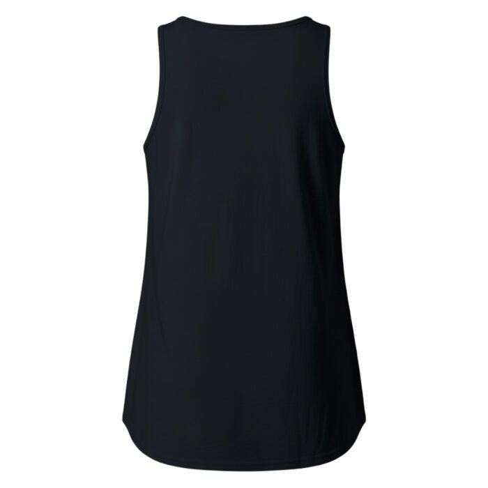 Black scoop-neck sleeveless tank top with wide armholes and a smooth, draped fit.