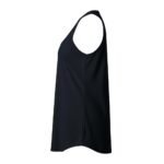 Black scoop-neck tank top with a racerback-style cut and smooth, draped fabric.