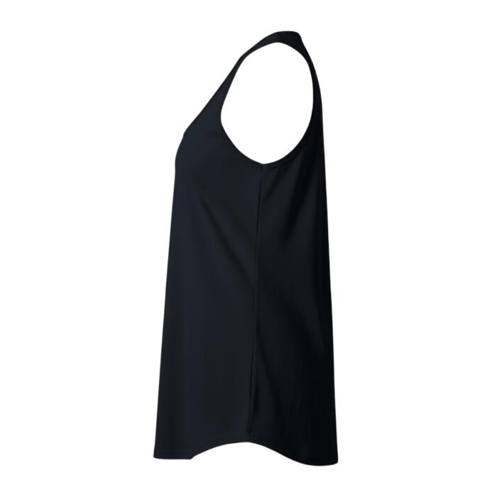 Black scoop-neck tank top with a racerback-style cut and smooth, draped fabric.