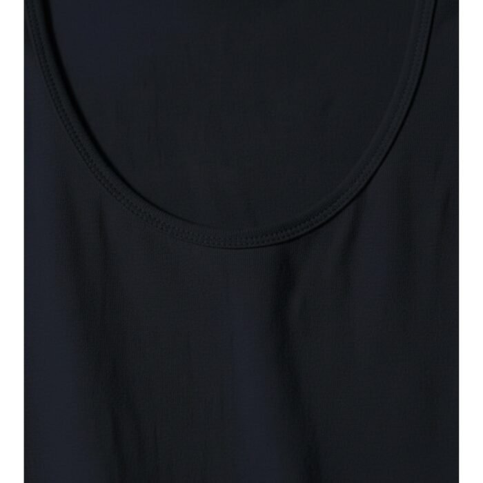 Black scoop-neck sleeveless tank top with a wide armhole racerback-style cut.