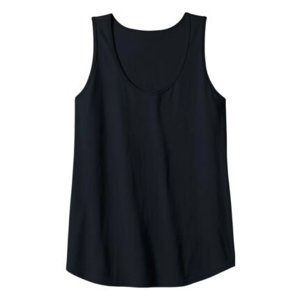 Black scoop-neck tank top with a racerback-style cut and smooth, draped fabric.