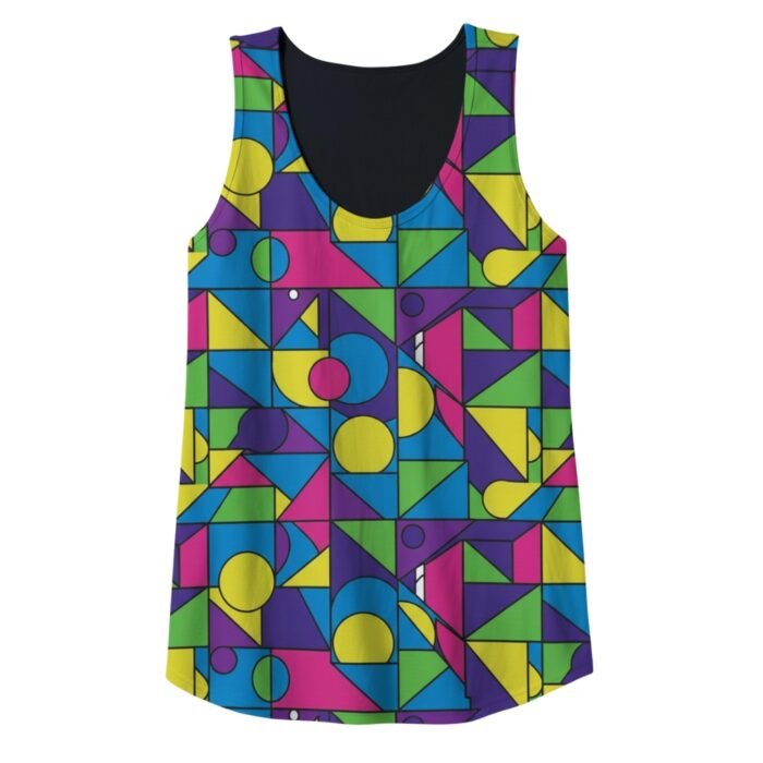 Multicolor geometric print sleeveless tank top with scoop neckline and wide racerback-style armholes